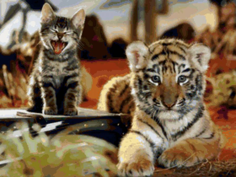 Котенок и тигренок - природа, тигренок, котенок, кот, тигр, животные, зверята - предпросмотр