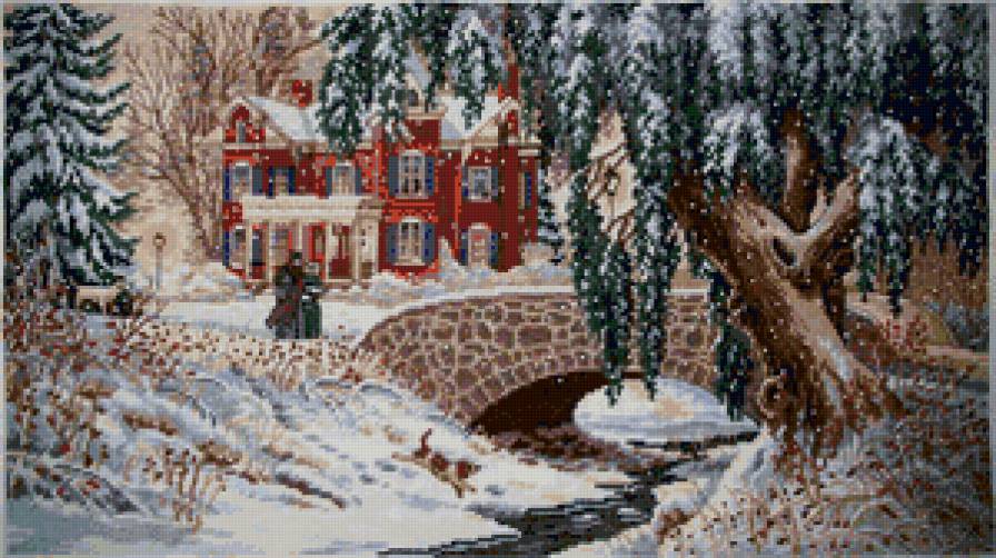 картина - зима, природа, ива, снег, пейзаж, дом - предпросмотр