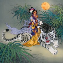 Оригинал схемы вышивки «японка с тигром» (№107239)