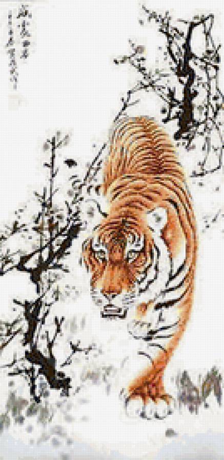 тигр на снегу - кошка, тигры, хищники, китайская живопись - предпросмотр