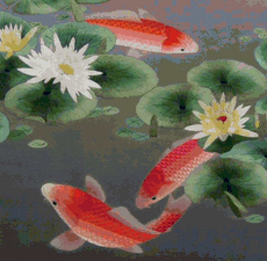 рыбы в пруду - китай, кувшинки, вода, пруд, рыба, китайская живопись - предпросмотр