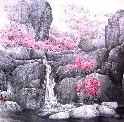 розовый водопад - вода, пейзаж, водопад, картина, природа - оригинал
