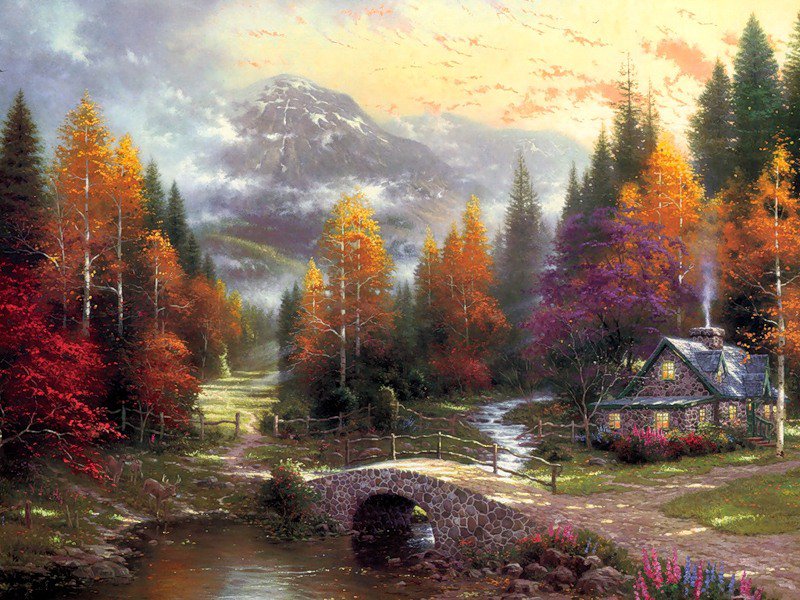 Серия "Пейзажи" - осень, горы, река, пейзаж, домик - оригинал