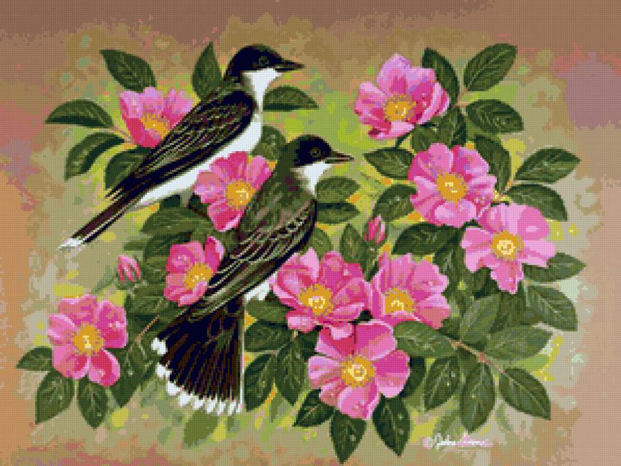 Серия "Птицы" - цветы, шиповник, птицы, букет, сороки - предпросмотр