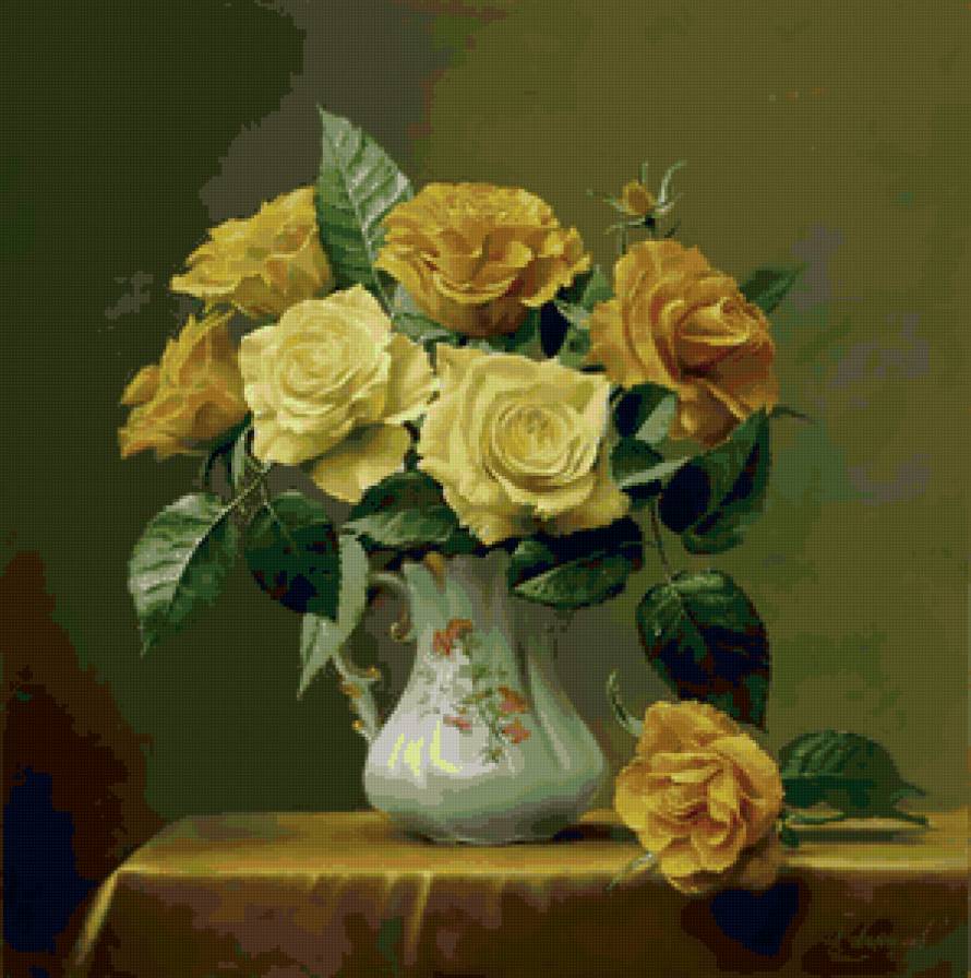 Желтые розы - букет, розы, цветы в вазе, натюрморт - предпросмотр
