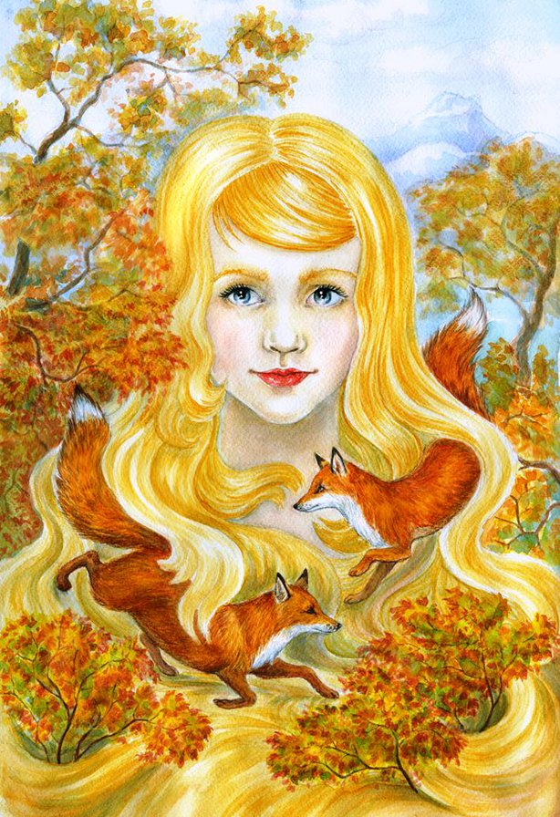 Осень золотая - девушка, портрет, природа, лиса, листва, лисы, осень, пейзаж - оригинал
