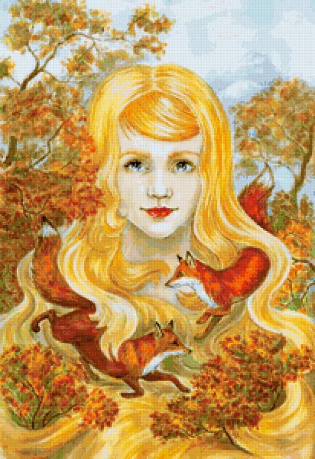 Осень золотая - лиса, природа, лисы, пейзаж, девушка, портрет, осень, листва - предпросмотр