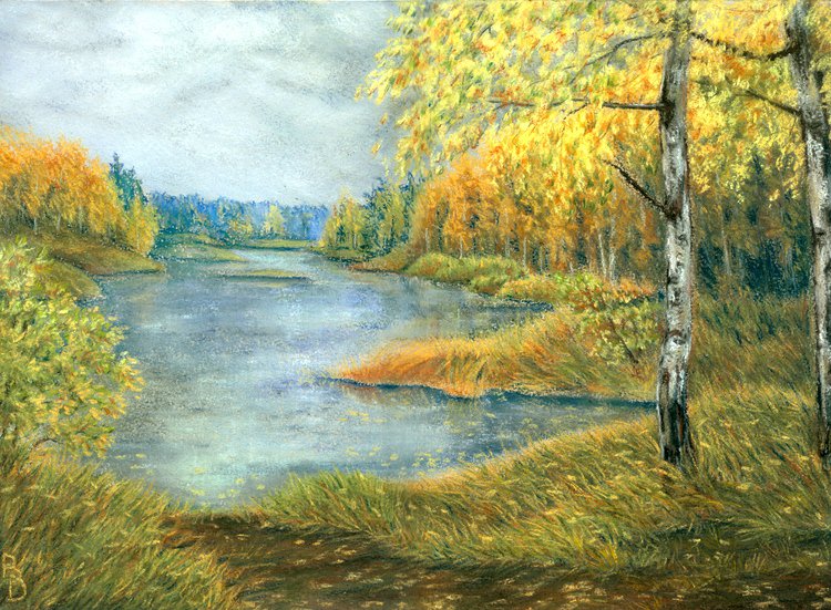 Картина Осени - река, природа, пейзаж, березка, осень, лес, красота, березки - оригинал