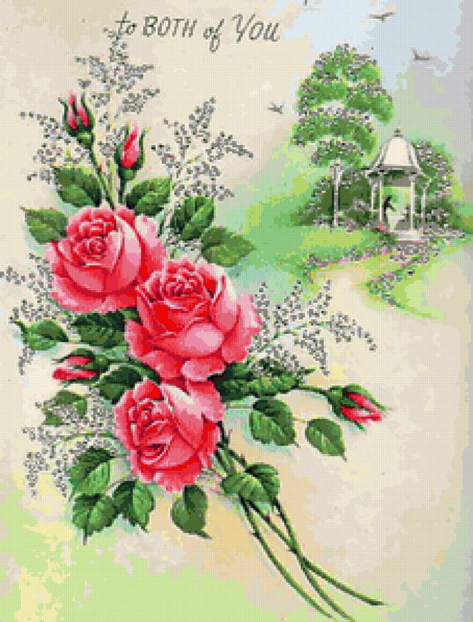Пейзаж с розами - беседка, красота, розочки, ретро, розы, пейзаж, природа, цветы - предпросмотр