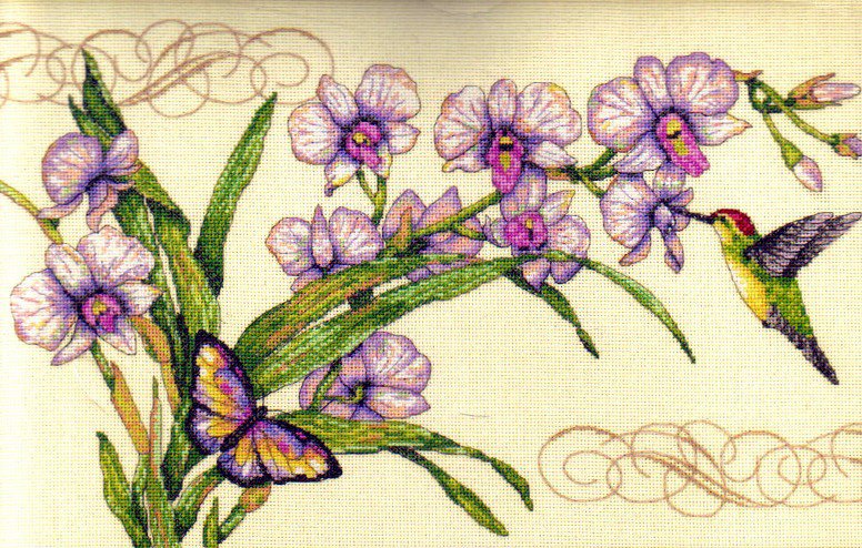 Винтажная вышивка - орхидеи, винтаж, цветы - оригинал