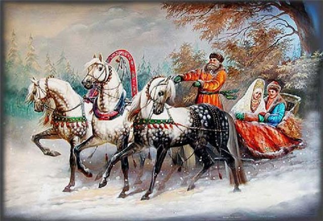 гулянье - народ, лошади, народные гулянья, тройка, зима - оригинал