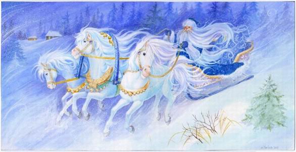 дед мороз - сани, новый год, лошади, упряжка, снег, зима, животные - оригинал