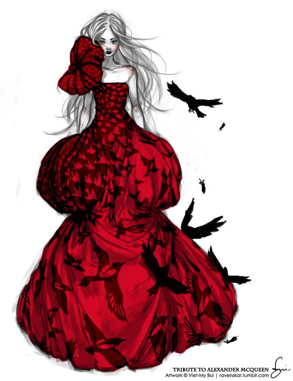 В красном платье - арт, платье, птицы, вороны, девушка, рисунок, ветер - оригинал