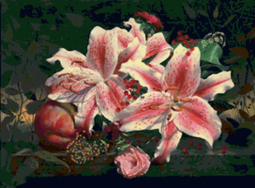 розовые лилии - лилии, натюрморт, букет, цветы - предпросмотр