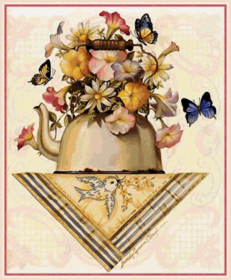 Цветы в чайнике - букет, чайник, цветы - предпросмотр