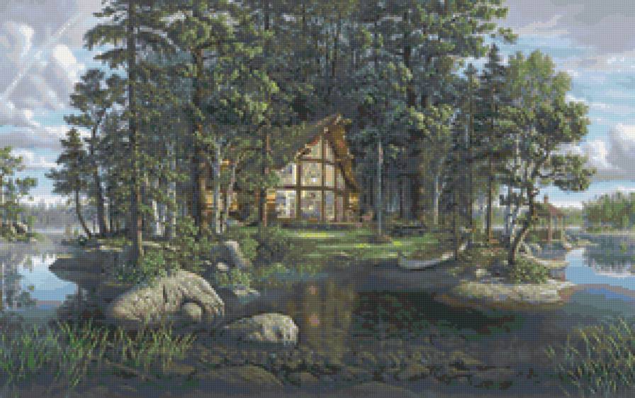 домик в лесу 3\3 - остров, пейзаж, камни, вода, сосны, деревья, домик, природа, лодка, река - предпросмотр