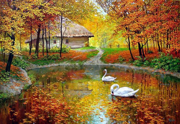 лебеди на пруду - озеро, лебеди, пруд, природа, пейзаж, осень - оригинал
