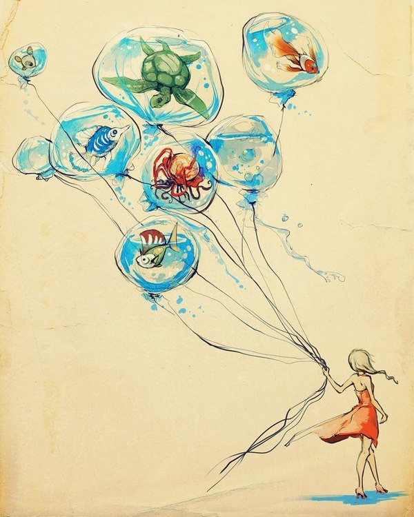 воздушные шары - девушка, животные, воздушные шары - оригинал