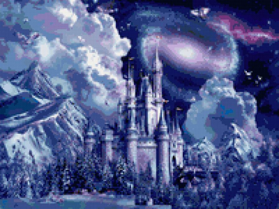 замок в синеве - пейзаж, лес, ночь, замок, небо, сияние, облака, зима, птицы, снег - предпросмотр