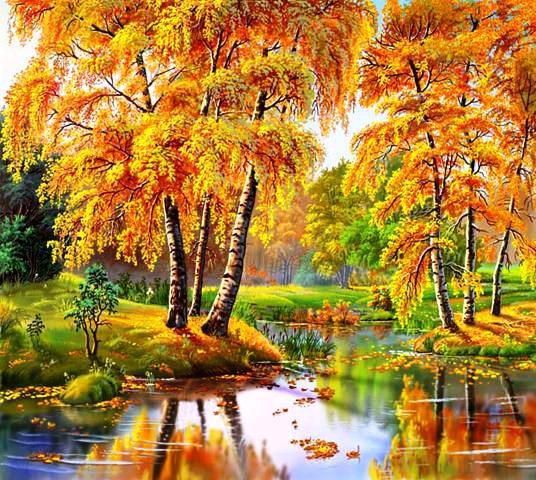осении берёзки - времена года, река, березки, листва, осень, природа, деревья - оригинал