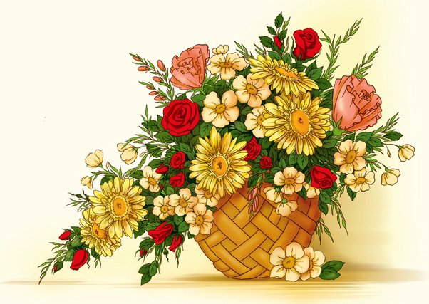 Корзина с цветами - розочки, корзина, розы, цветы, подсолнух, букет, подсолнухи - оригинал