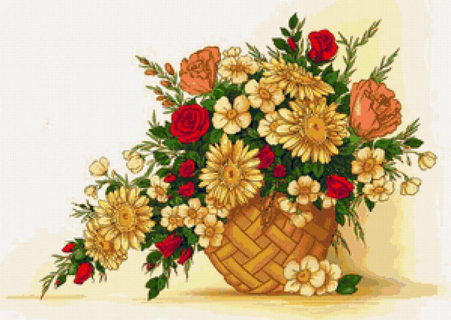 Корзина с цветами - цветы, розы, подсолнухи, корзина, розочки, подсолнух, букет - предпросмотр