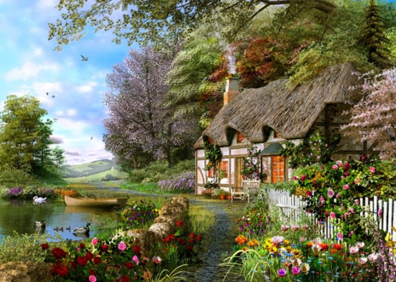 Пейзаж - дом, пейзаж, птицы, река, живопись - оригинал