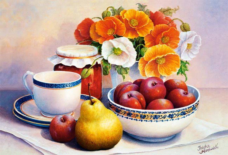 Натюрморт с персиками - груши, натюрморт, персики, цветы, ягоды, маки - оригинал
