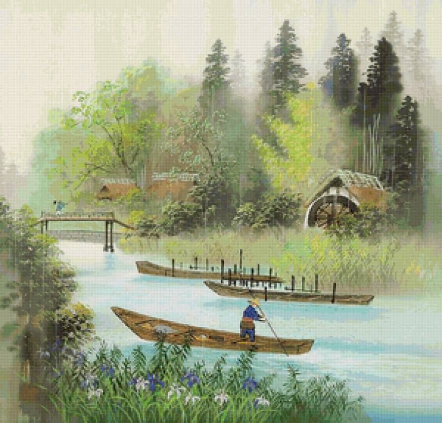 Серия "Пейзажи" - лодка, река, домик, пейзаж, люди, лето - предпросмотр