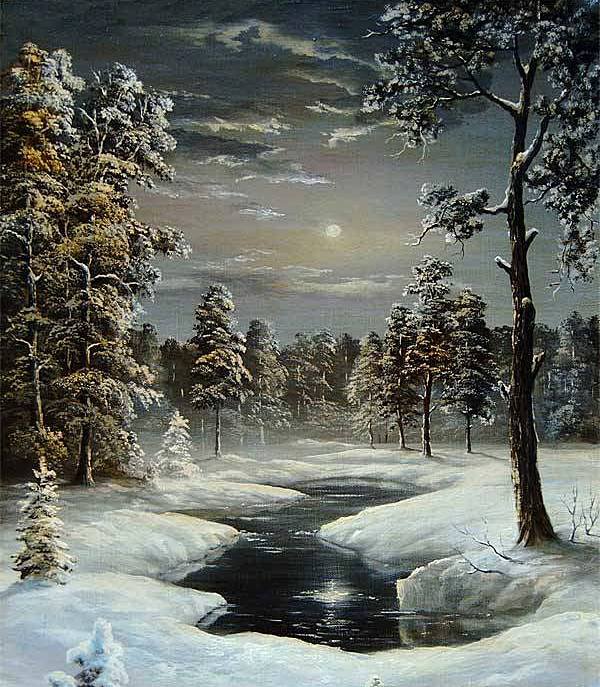 Зимняя ночь - ночь, пейзаж, лес, зима - оригинал