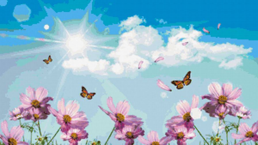 солнечное лето - лето, цветы, солнце, бабочка - предпросмотр