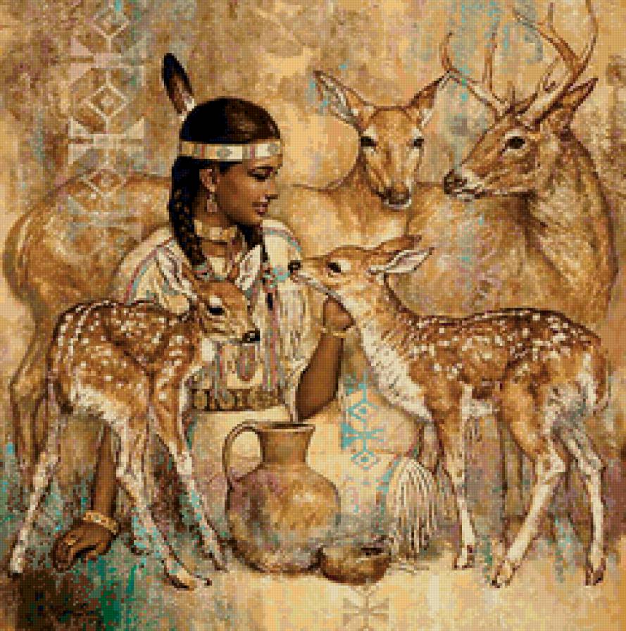 Девушка и олени - девушка, живопись, животные, олени - предпросмотр