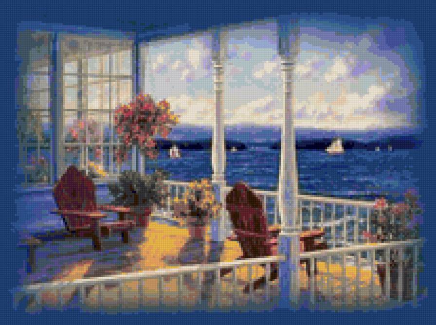 Терраса - вид из окна, парусник, море - предпросмотр