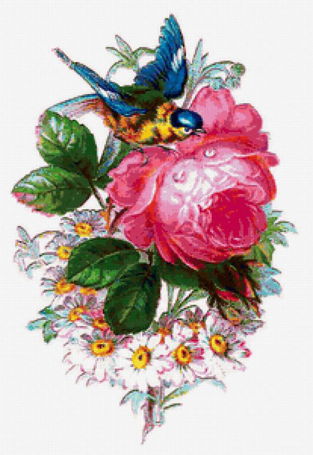 птичка на розе - винтаж, птичка, цветок, цветы - предпросмотр