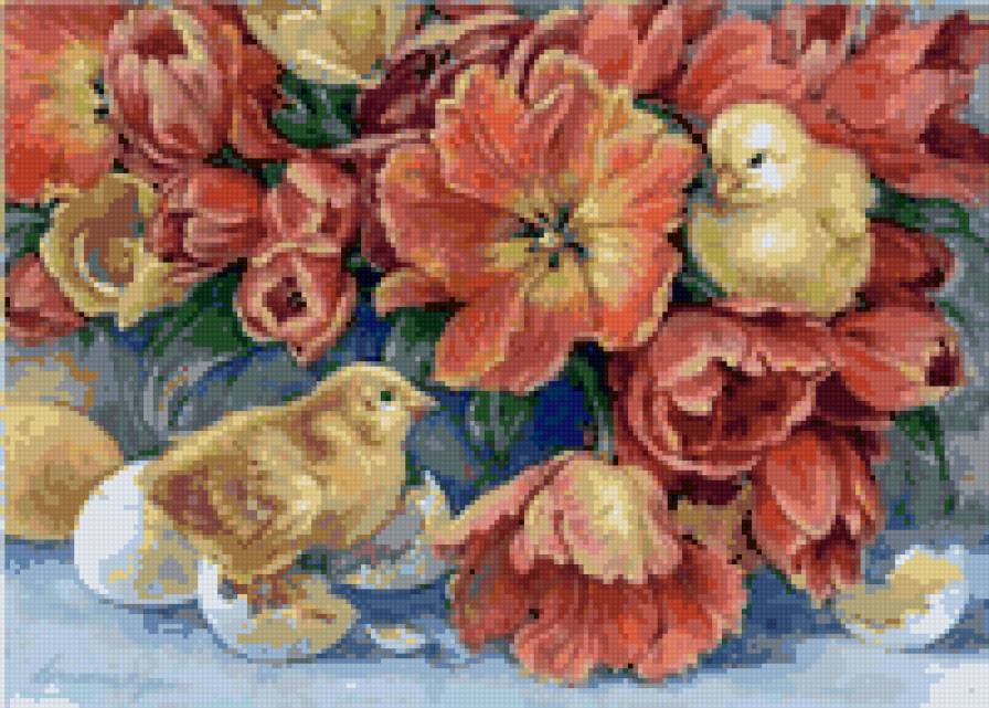 тюльпаны и цыплята - птенцы, цветы - предпросмотр