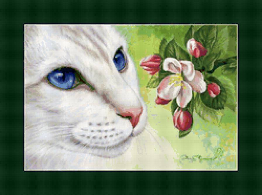 Кот и цветы - животные, цветы, живопись, коты - предпросмотр