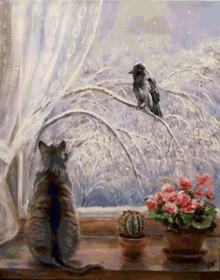 №114532 - дерево, кот, зима, окно, птица, кошка, цветы - предпросмотр