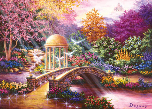картина - природа, беседка, мост, пейзаж, птицы, голуби, волшебство - оригинал