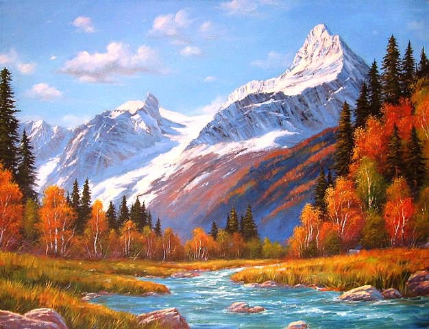 Горный пейзаж - осень, пейзаж, искусство, снег, горы, природа, река - оригинал