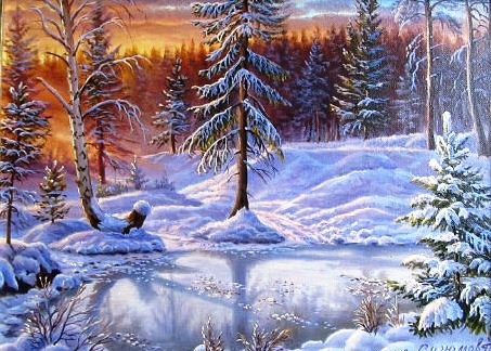 Зимний закат - пейзаж, зима, природа, иней, лес, ели, закат, зимняя картина - оригинал