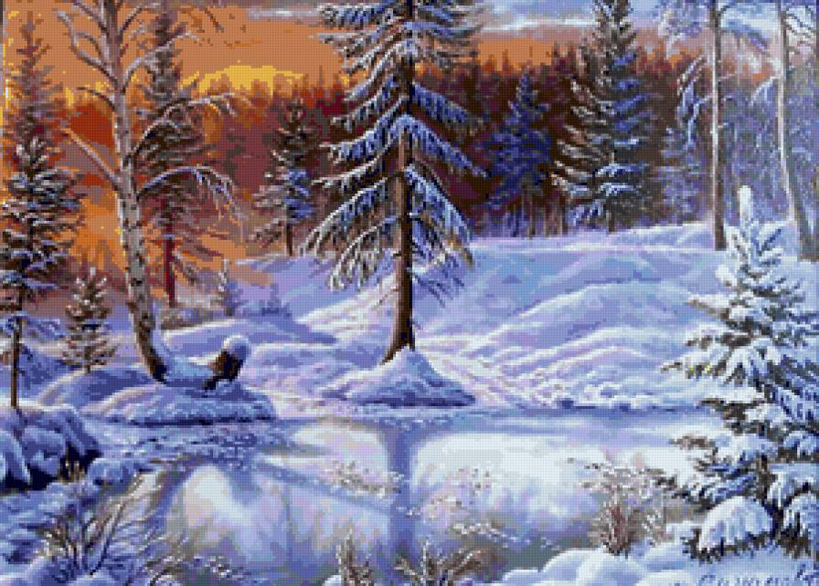 Зимний закат - природа, зимняя картина, зима, пейзаж, закат, иней, лес, ели - предпросмотр