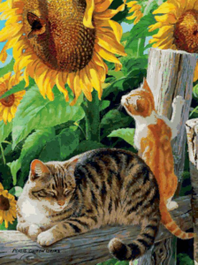 Котенок и бабочка - живопись, животные, коты - предпросмотр