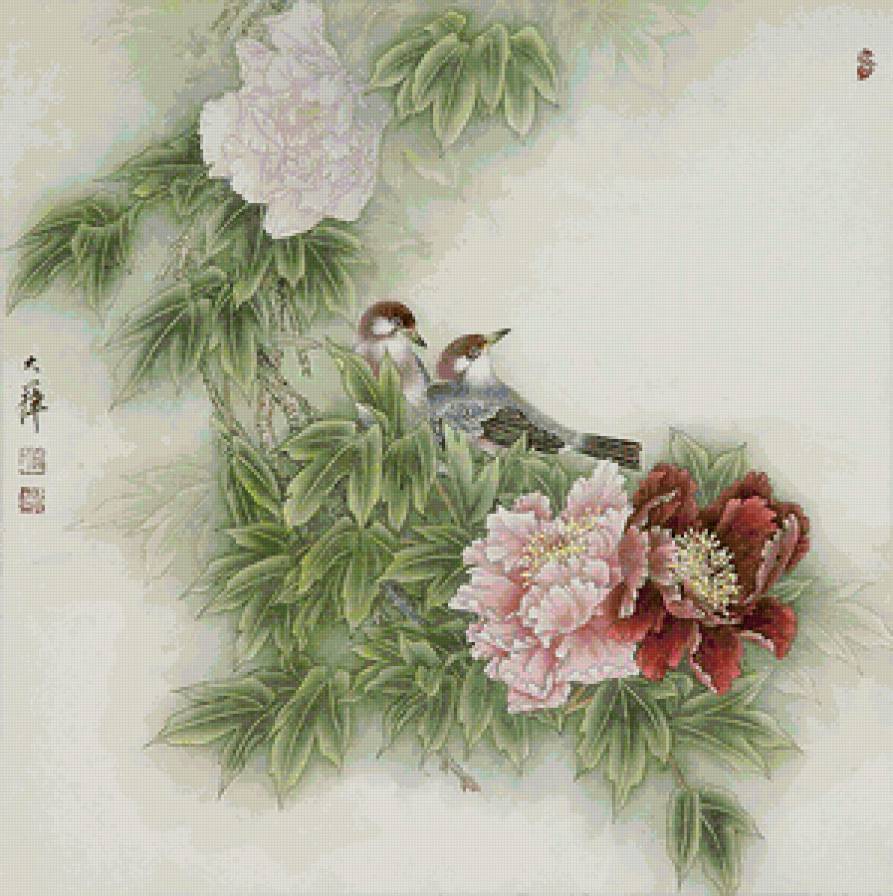 китайская живопись - пионы, птицы, цветы - предпросмотр