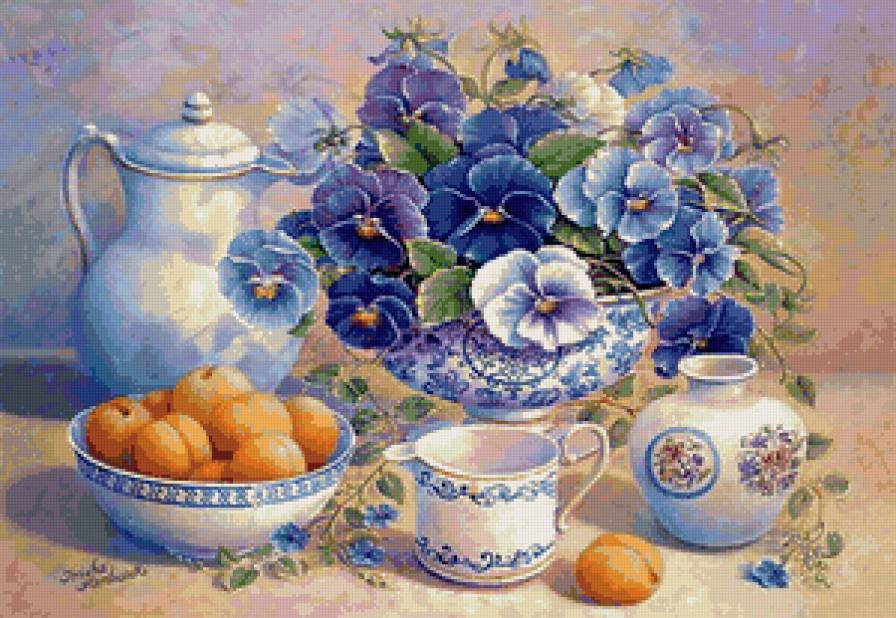 натюрморт в голубых тонах - натюрморт, цветы, букет, посуда, на кухню - предпросмотр
