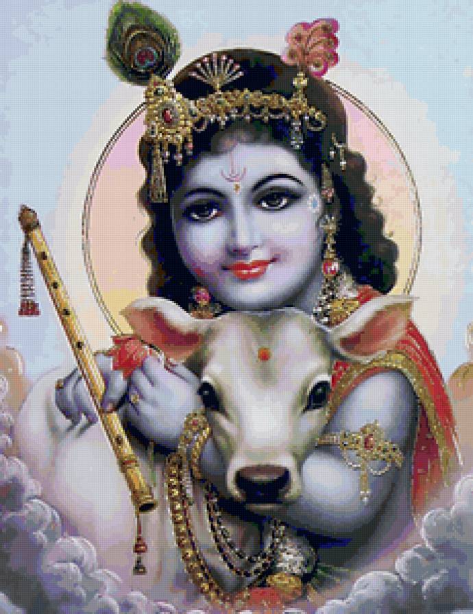 Кришна и священная корова - индийская религия, эпос, индуизм, легенды, картина - предпросмотр