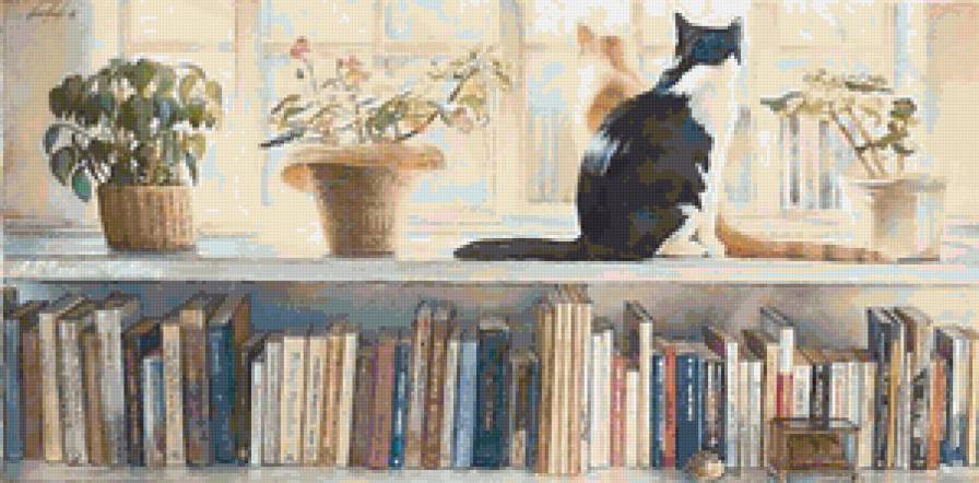 В библиотеке - окно, кошка, животные, книга - предпросмотр