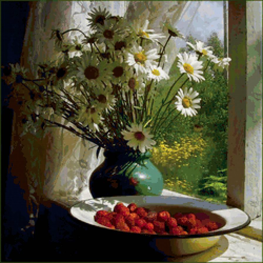 натюрморт - цветы, натюрморт, ягоды, ромашки - предпросмотр