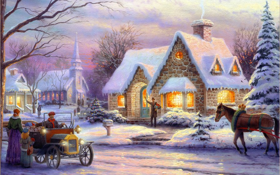 Зимний городок - домик, улица, картина, сказка, зима - оригинал