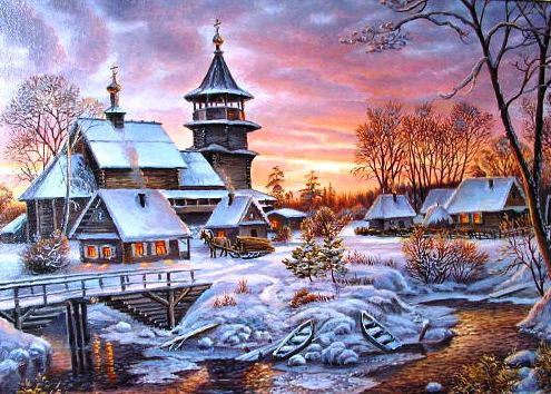 Зимний закат - иней, домики, природа, пейзаж, закат, зимняя картина, зима, лес - оригинал