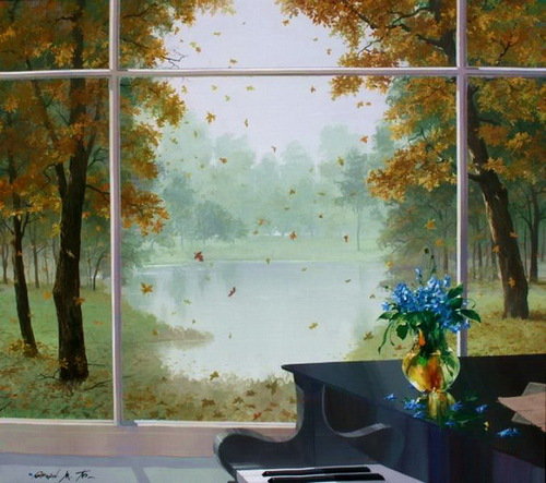 Вид из окна - пейзаж, рояль, осень, цветы, окно - оригинал